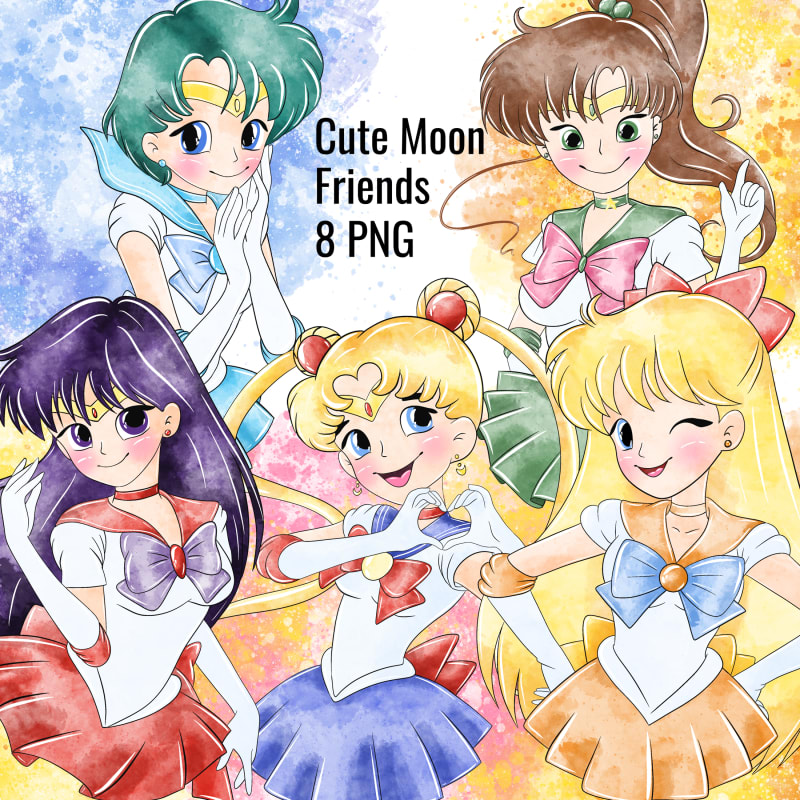 Sailor Moon Watercolor Clipart Bundle Cute Moon Friends Scouts PNG Kit (Digital Download)