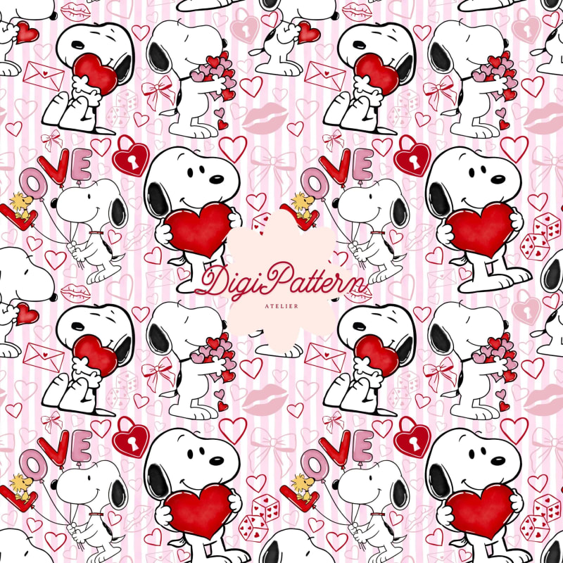 Snoopy Seamless Pattern Stripes Valentine Love Hearts Repeat Paper (Digital Download)