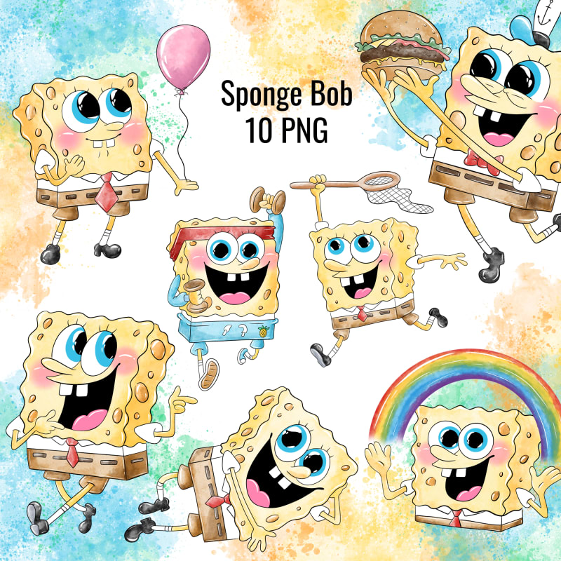 SpongeBob Watercolor Clipart Bundle SquarePants Krabby Patty PNG Kit (Digital Download)