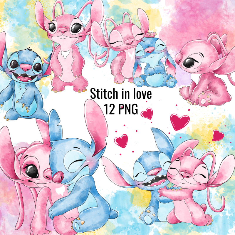 Stitch and Angel In Love Watercolor Clipart Bundle Hearts Couple PNG Kit (Digital Download)