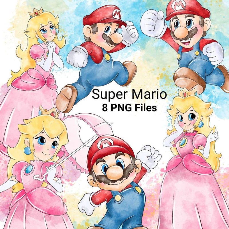 Super Mario and Princess Peach Watercolor Clipart Bundle Nintendo Videogames PNG (Digital Download)