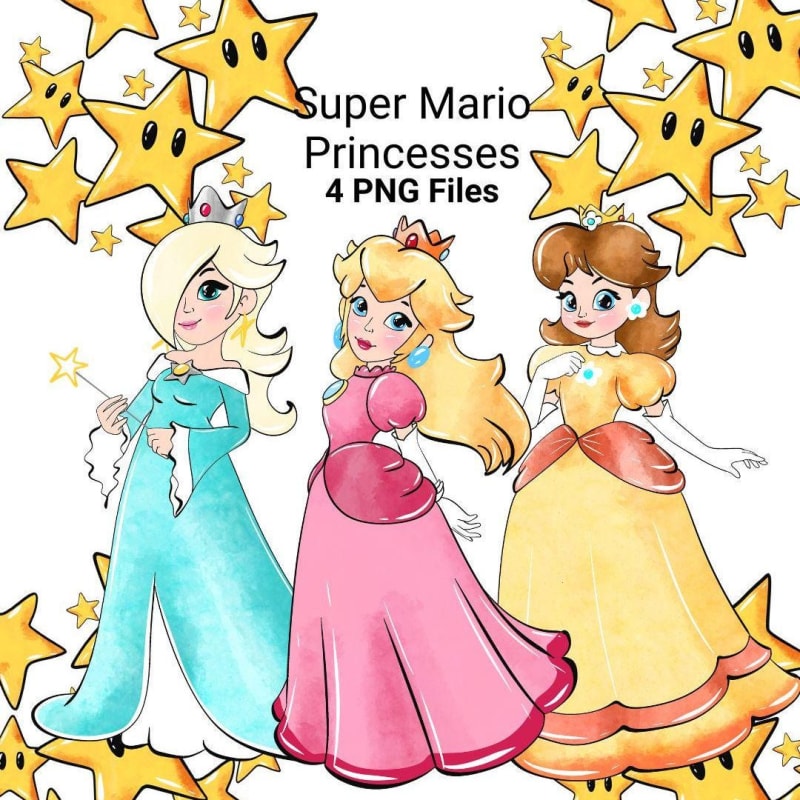 Super Mario Princesses Watercolor Clipart Bundle Videogames Nintendo PNG (Digital Download)