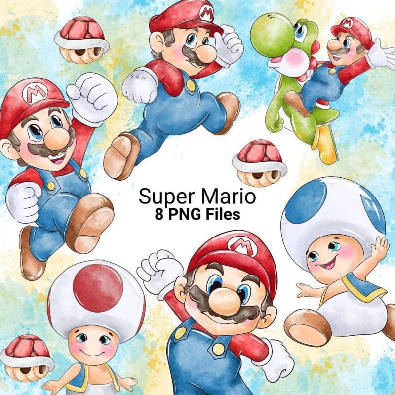 Super Mario Watercolor Clipart Bundle Yoshi Toad PNG (Digital Download)