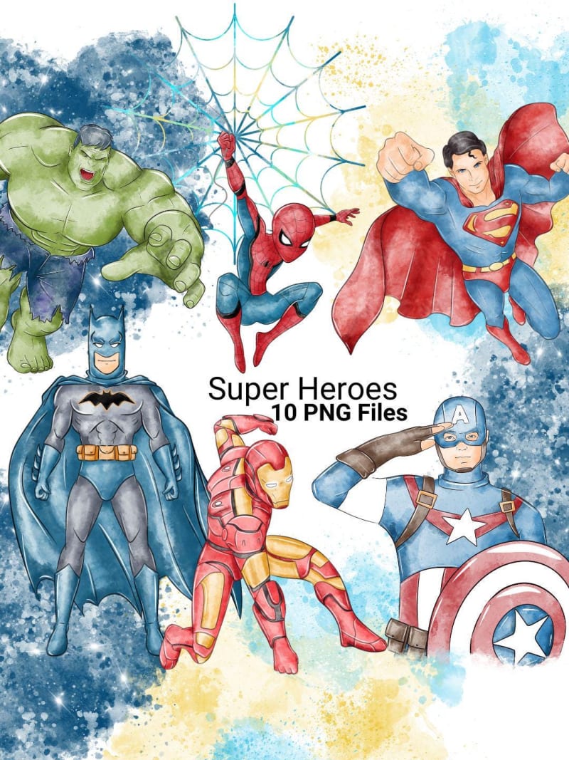 Superheroes watercolor clipart bundle marvel dc png digital download printable wall art nursery decor