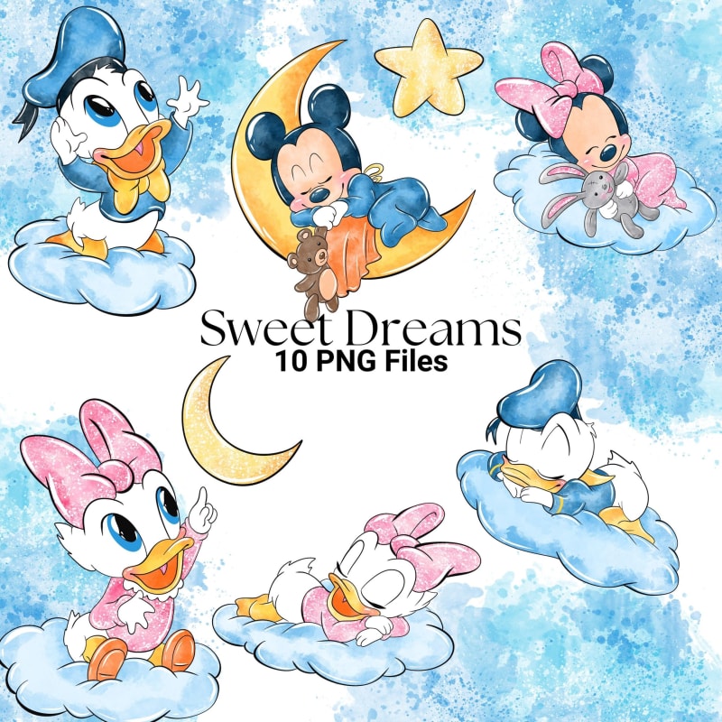 Sweet Dreams Watercolor Clipart Baby Mickey Minnie Donald Daisy PNG Bundle Disney (Digital Download)