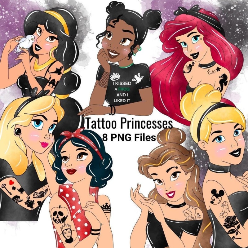 Tattoo Princess Clipart Bundle Edgy Disney Girl Modern Cartoon PNG (Digital Download)