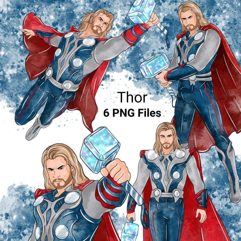 Thor watercolor clipart bundle superhero png digital download printable wall art nursery decor