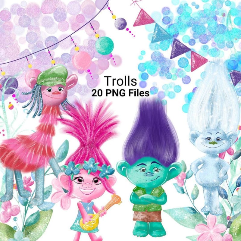Trolls Clipart Bundle PNG Dreamworks Glitter Cartoon (Digital Download)