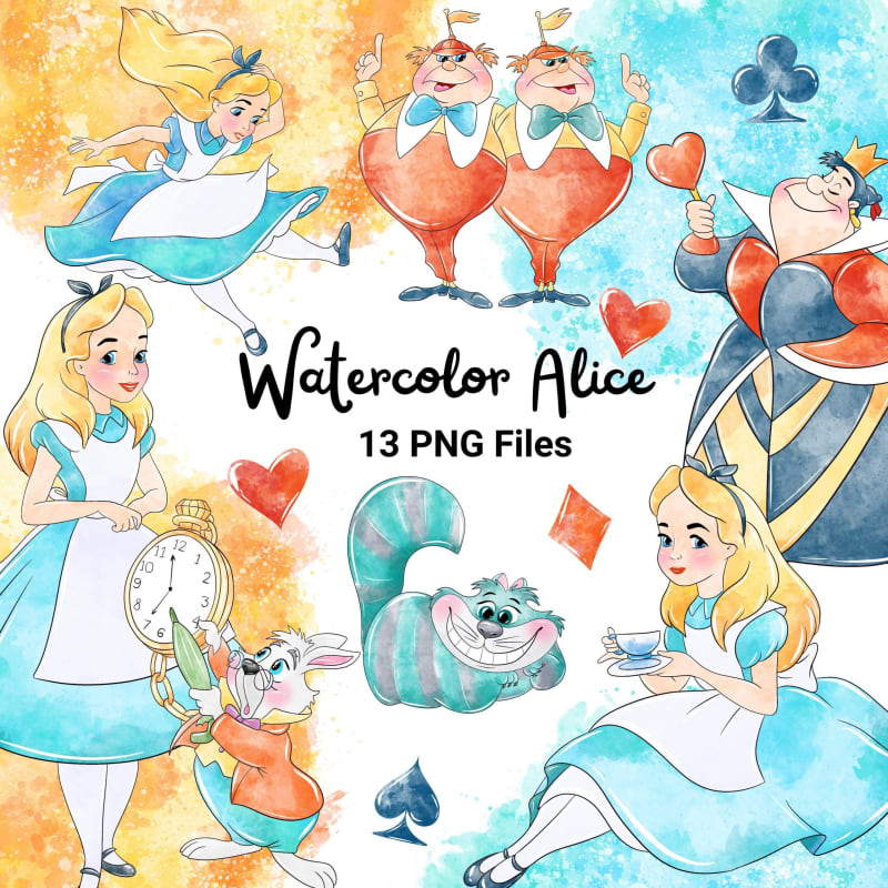 Watercolor Alice in Wonderland Clipart Bundle Disney PNG (Digital Download)