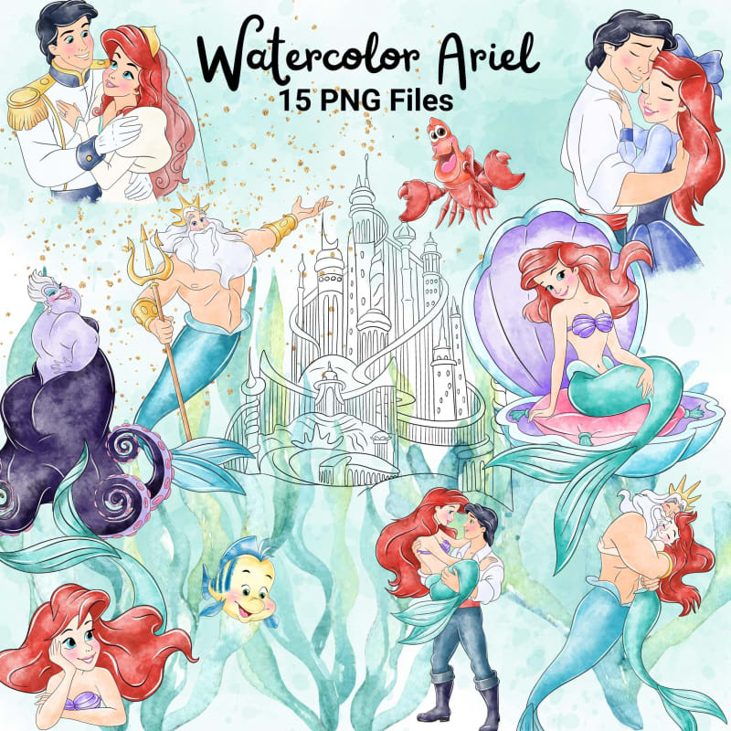 Watercolor Ariel Clipart Bundle Disney Little Mermaid PNG (Digital Download)