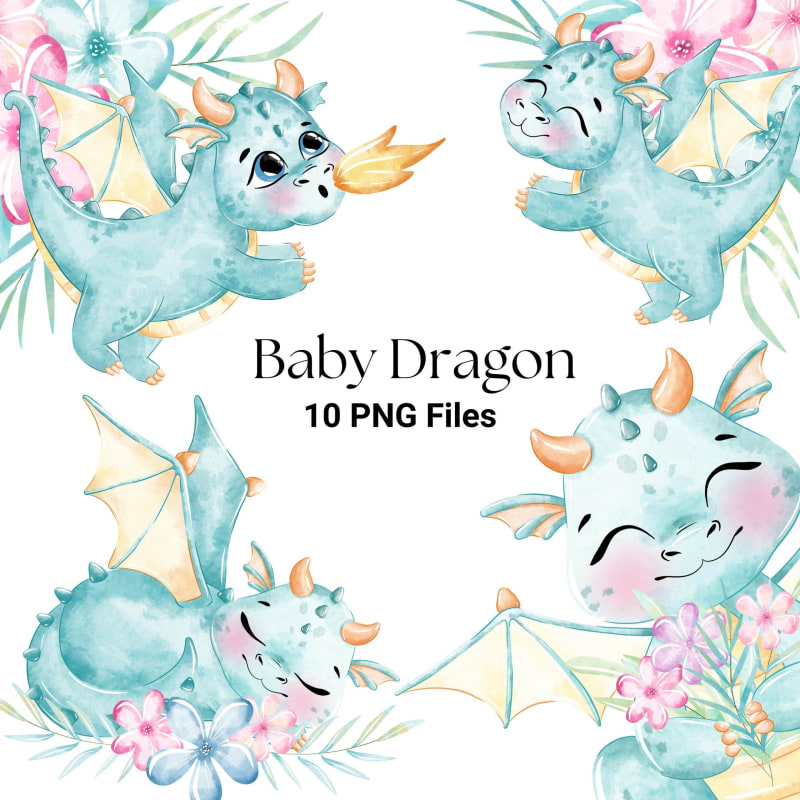 Watercolor Baby Dragon Clipart Bundle Fantasy Creature and Flowers PNG (Digital Download)