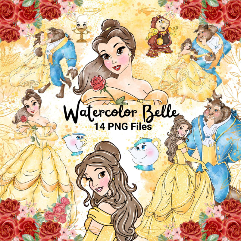 Watercolor Belle Clipart Bundle Disney Beauty and the Beast PNG (Digital Download)