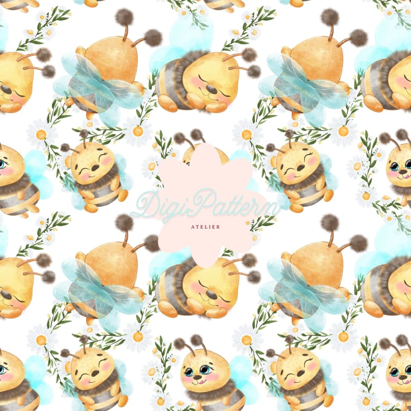 Watercolor Bumble Bee Seamless Pattern Baby Bee Flowers (Digital Download)