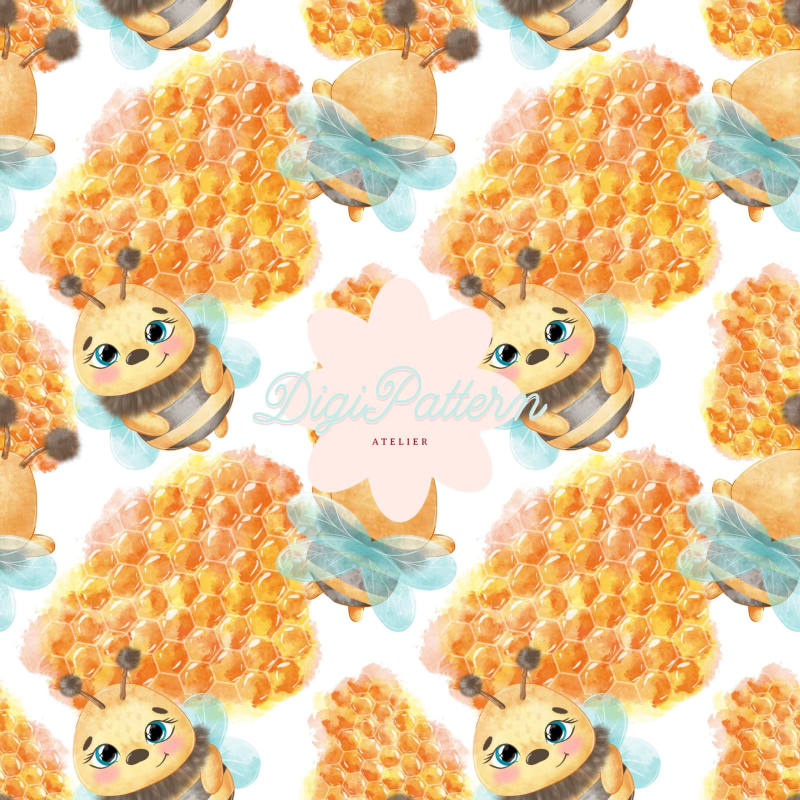 Watercolor Bumble Bee Seamless Pattern Baby Bee Paper Design (Digital Download)