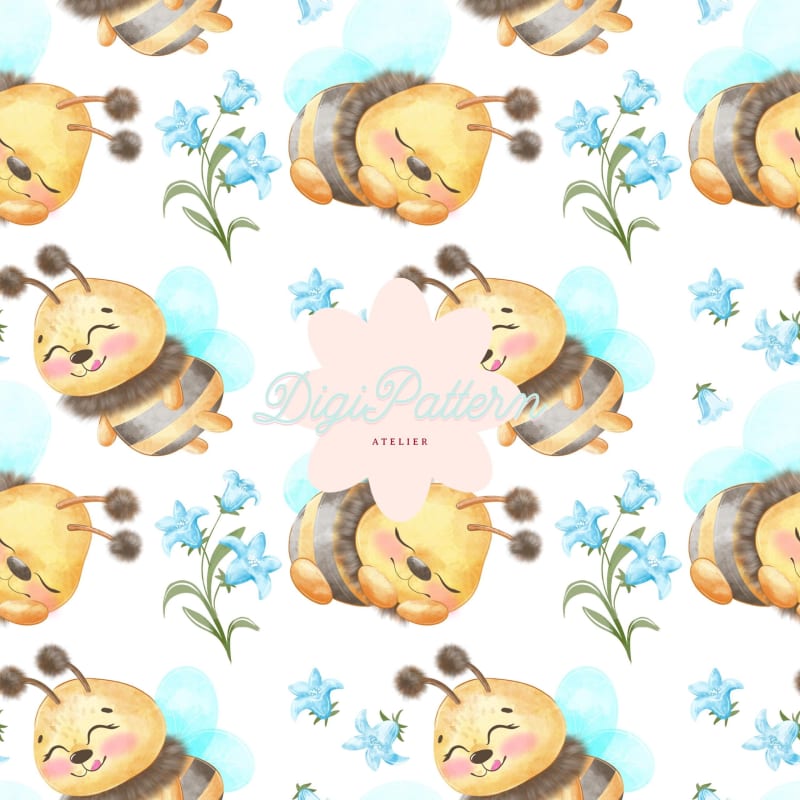 Watercolor Bumble Bee Seamless Pattern Blue Flowers Paper (Digital Download)