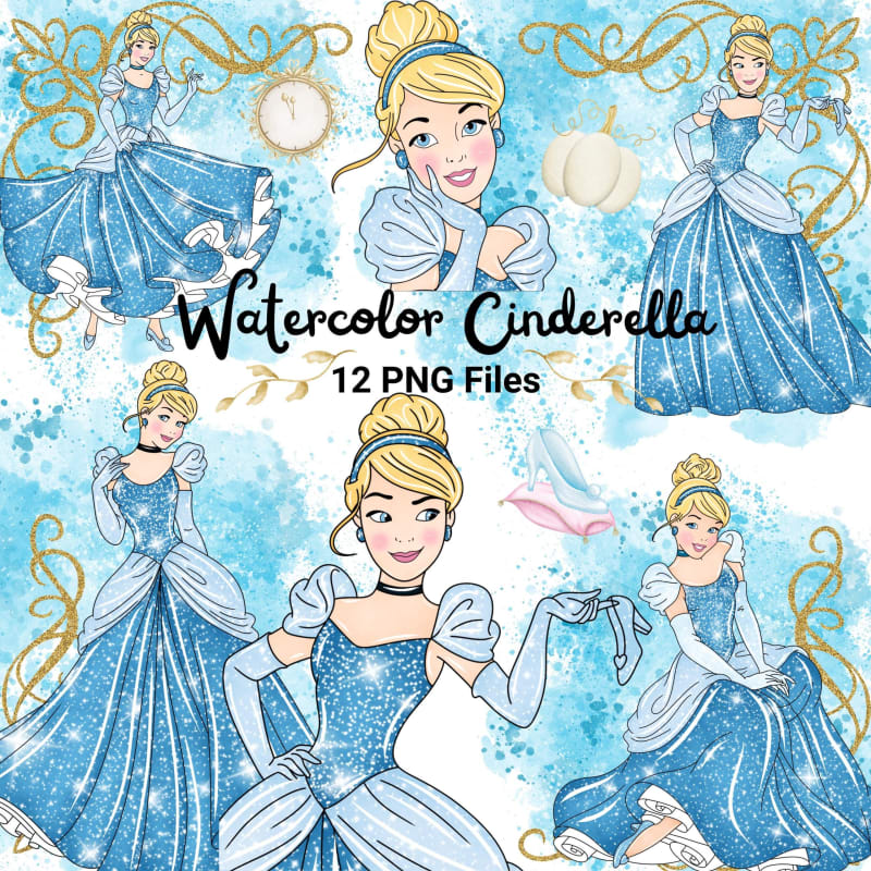 Watercolor Cinderella Clipart Bundle Handmade Disney Princess PNG (Digital Download)