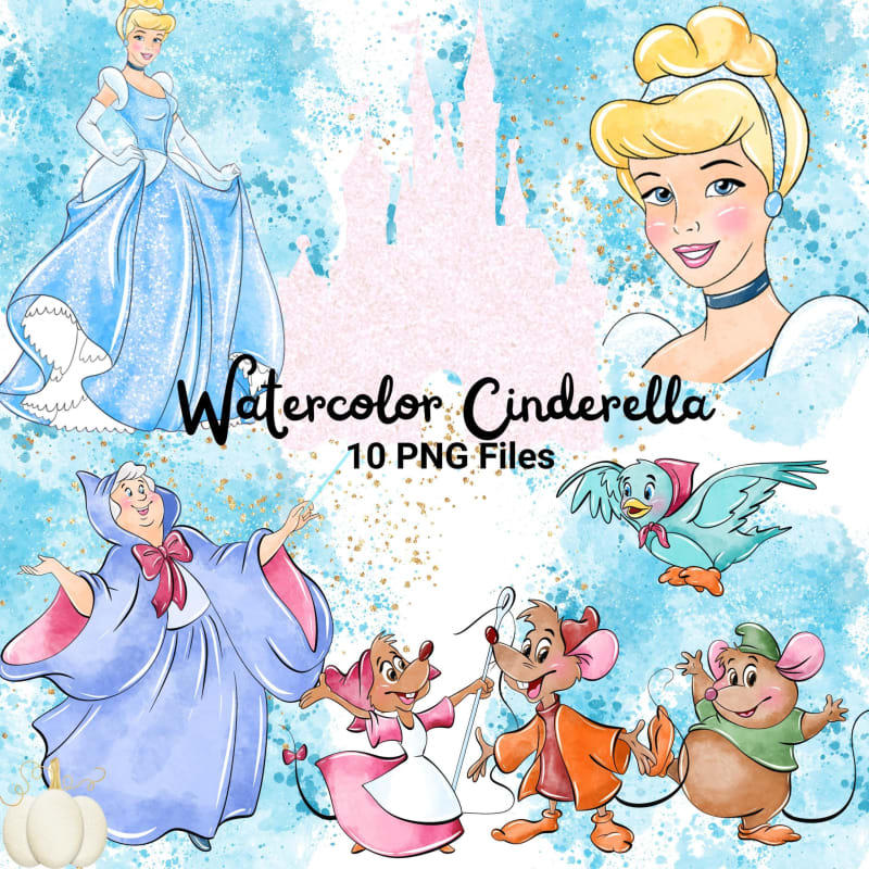 Watercolor Cinderella PNG Bundle Disney Handmade Princess Clipart (Digital Download)