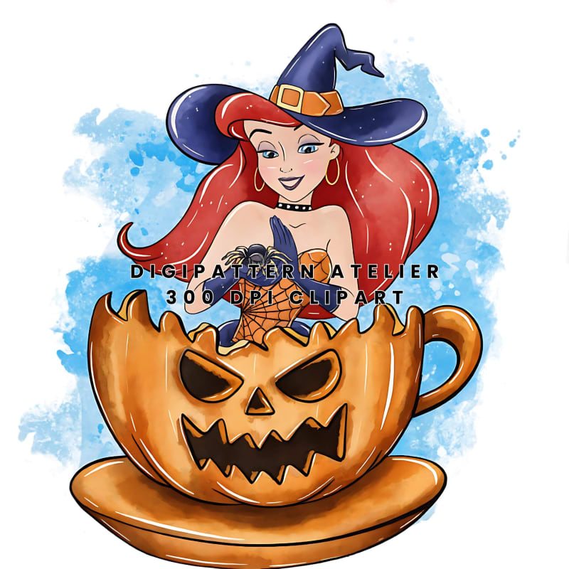 Watercolor Disney Princess Ariel Halloween Pumpkin Clipart Bundle Spooky PNG (Digital Download)
