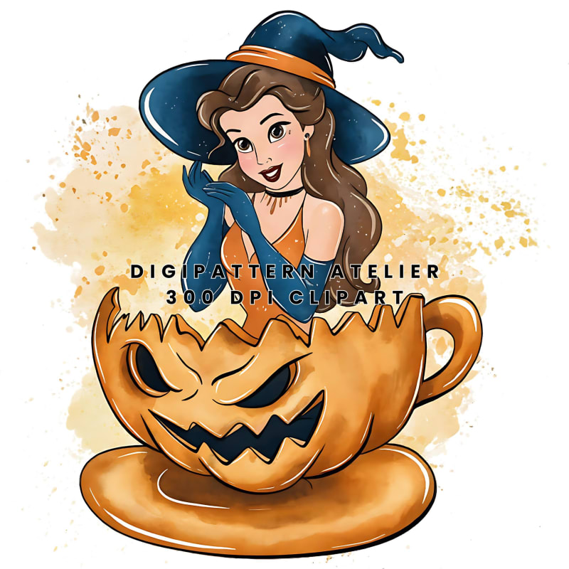 Watercolor Disney Princess Belle Halloween Pumpkin Clipart PNG (Digital Download)