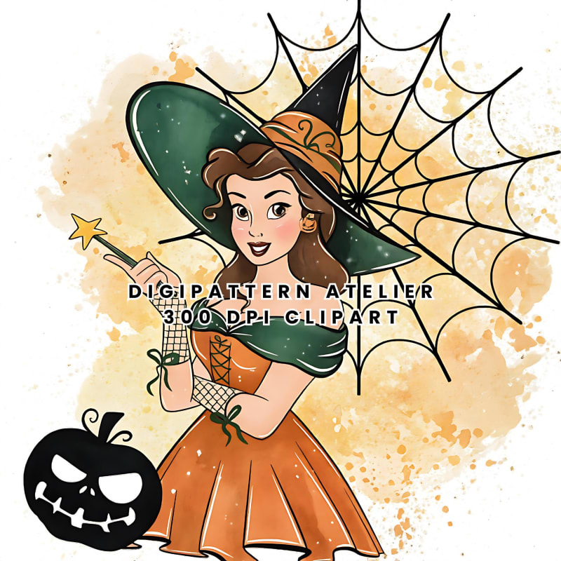 Watercolor Disney Princess Belle Halloween Skull Clipart Spooky PNG (Digital Download)