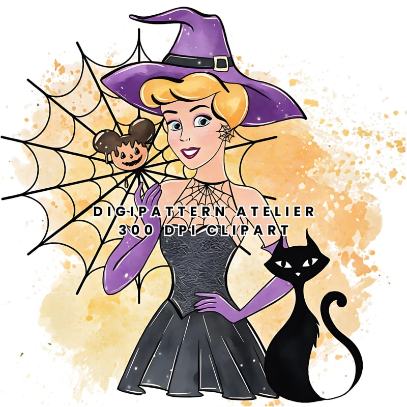 Watercolor Disney Princess Cinderella Halloween Skull Clipart Bundle Spooky PNG (Digital Download)