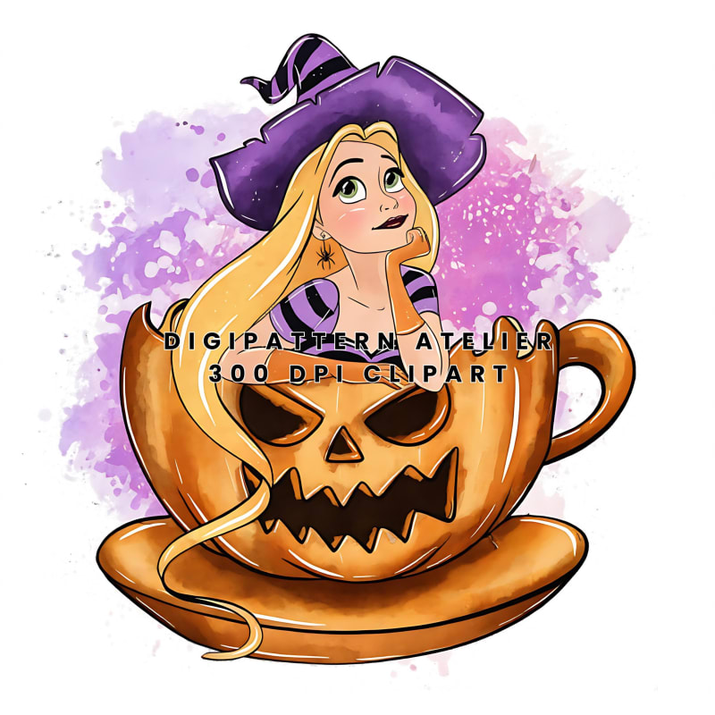Watercolor Disney Princess Rapunzel Halloween Pumpkin Clipart Bundle Spooky PNG (Digital Download)