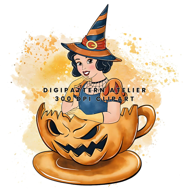 Watercolor Disney Princess Snow White Halloween Pumpkin Clipart Bundle Spooky PNG (Digital Download)