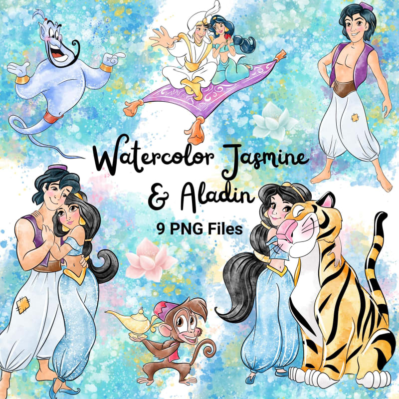 Watercolor Jasmine and Aladdin Clipart Bundle Disney Princess PNG (Digital Download)