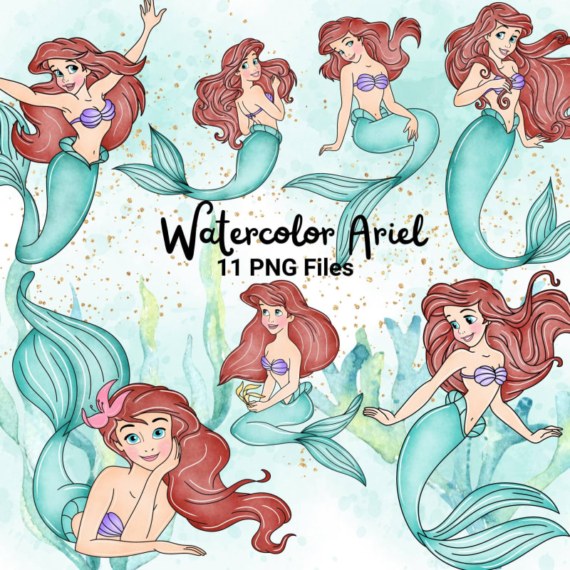 Watercolor Little Mermaid PNG Bundle Disney Ariel Clipart (Digital Download)