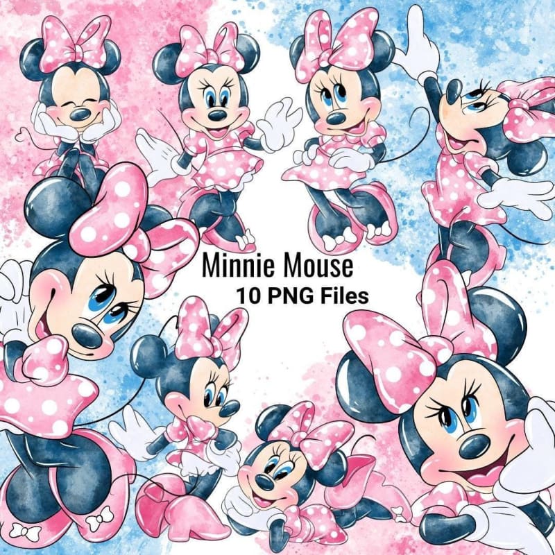 Watercolor Minnie Mouse Clipart Pink and Blue Disney (Digital Download)