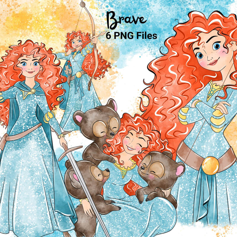 Watercolor Princess Brave PNG Bundle Handmade Disney Merida Clipart (Digital Download)