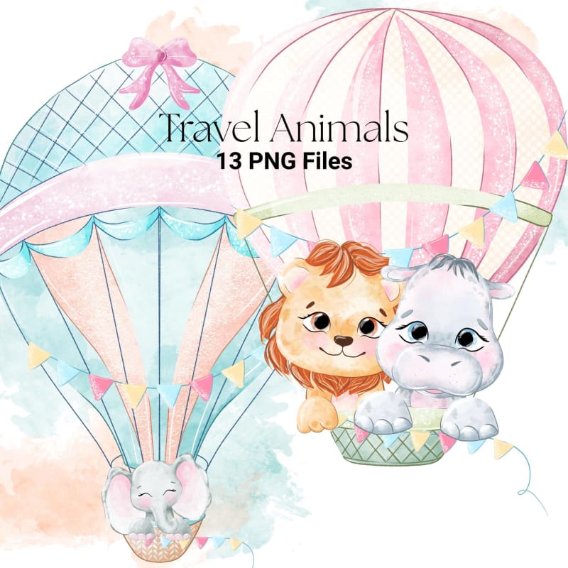 Watercolor Travel Animals in Hot Air Balloons Clipart Bundle Elephant and Lion PNG (Digital Download)