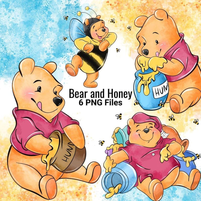 Winnie the Pooh Clipart Bundle Watercolor Disney Bear and Honey Pot PNG (Digital Download)