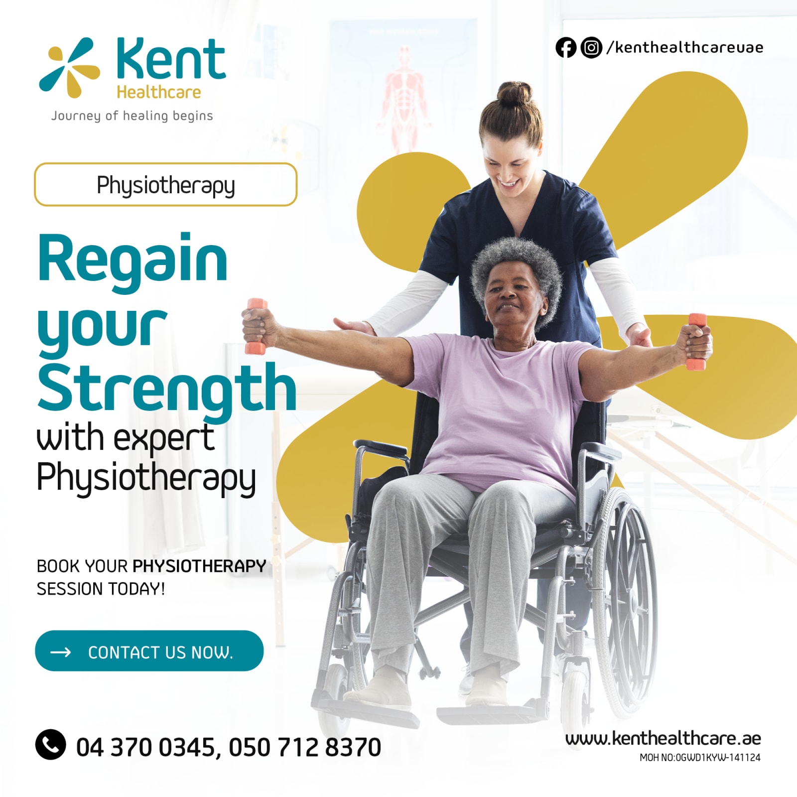 Kent Healthcare physiotherapy campaign featuring a patient exercising with support