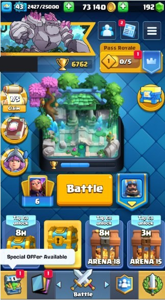 Clash Royale Account (IOS/ANDROID) – Level 43 | Kings Tower 14 | 6762 Trophies | 116 Cards | 44 Emotes | 192 Gems | 73,000 Gold