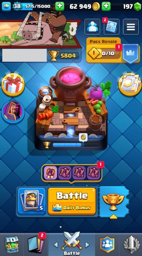 Clash Royale Account (IOS/ANDROID) – Level 38 | Kings Tower 13 | 5804 Trophies | 110 Cards | 25 Emotes | 197 Gems | 62,000 Gold