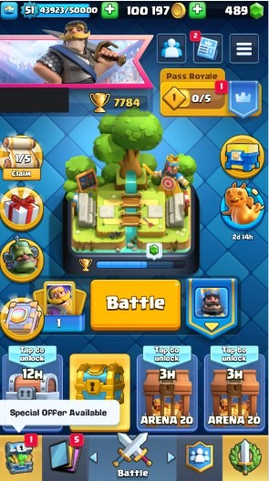 Clash Royale Account (IOS/ANDROID) – Level 51 | Kings Tower 14 | 7784 Trophies | 110 Cards | 61 Emotes | 489 Gems | 100,000 Gold