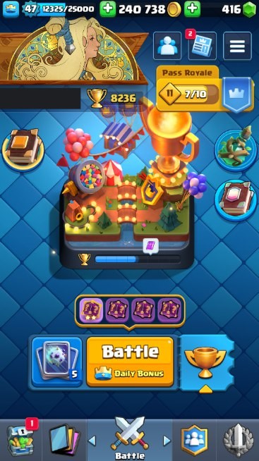Clash Royale Account (IOS/ANDROID) – Level 47 | Kings Tower 14 | 8236 Trophies | 119 Cards | 31 Emotes | 416 Gems | 240,000 Gold