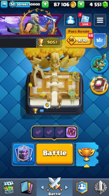 Clash Royale Account (IOS/Android) – Level 51 | Kings Tower 14 | 9051 Trophy | 112 Cards | 40 Emotes | 4551 Gems | 87 k Gold
