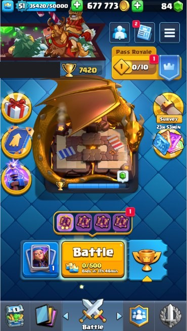 Clash Royale Account (IOS/Android) – Level 51 | Kings Tower 14 | 7420 Trophy | 114 Cards | 48 Emotes | 84 Gems | 677 k Gold