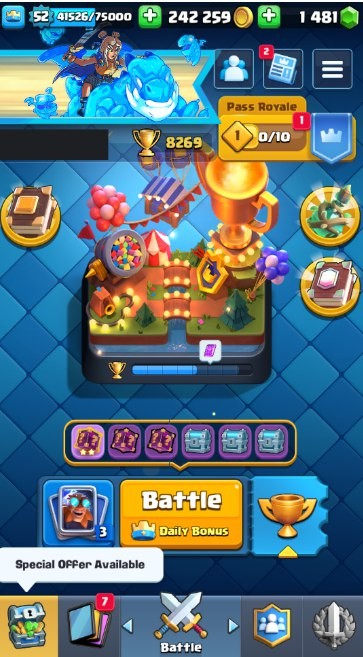 Clash Royale Account (IOS/Android) – Level 52 | Kings Tower 14 | 8269 Trophy | 119 Cards | 73 Emotes | 1481 Gems | 242 k Gold