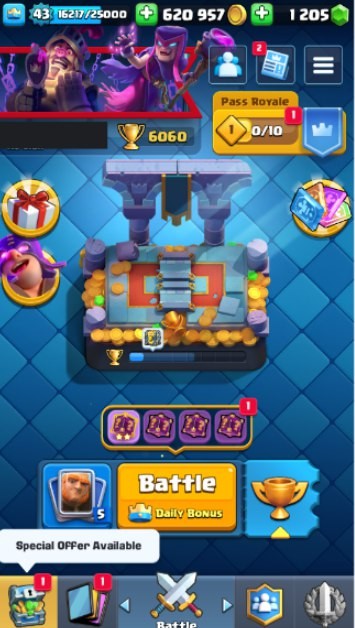 Clash Royale Account (IOS/Android) – Level 43 | Kings Tower 14 | 6060 Trophy | 117 Cards | 28 Emotes | 1205 Gems | 620 k Gold