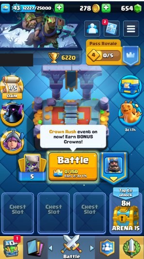 Clash Royale Account (IOS/Android) – Level 43 | Kings Tower 14 | 6220 Trophy | 113 Cards | 23 Emotes | 654 Gems | 1 k Gold
