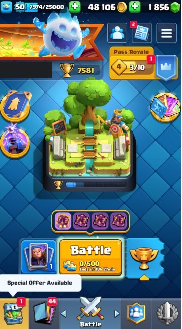 Clash Royale Account (IOS/Android) – Level 50 | Kings Tower 14 | 7581 Trophy | 119 Cards | 59 Emotes | 1856 Gems | 48 k Gold
