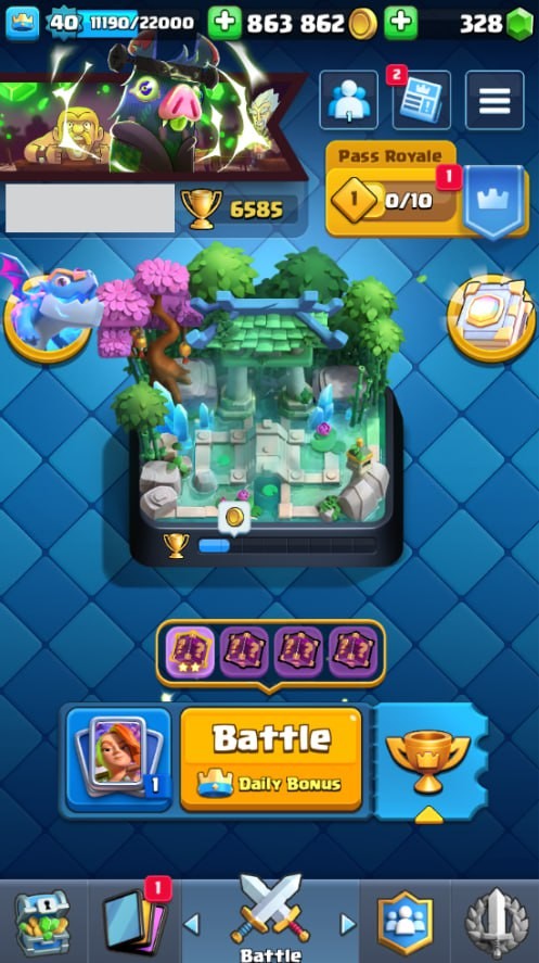 Clash Royale Account (IOS/Android) – Level 40 | Kings Tower 13 | 6585 Trophy | 117 Cards | 19 Emotes | 328 Gems | 863 k Gold