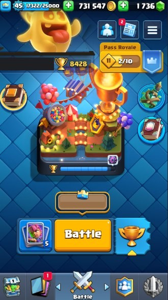 Clash Royale Account (IOS/Android) – Level 45 | Kings Tower 14 | 8428 Trophy | 116 Cards | 38 Emotes | 1736 Gems | 731 k Gold