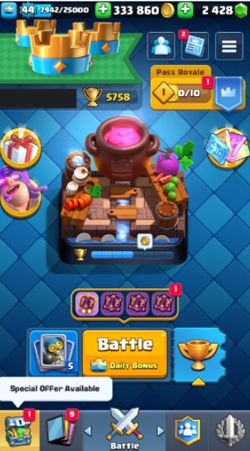Clash Royale Account (IOS/Android) – Level 44 | Kings Tower 14 | 5758 Trophy | 110 Cards | 77 Emotes | 2428 Gems | 333 k Gold