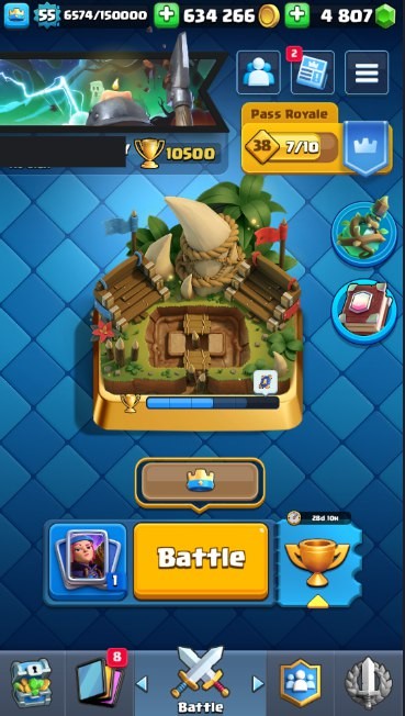 Clash Royale Account (IOS/Android) – Level 55 | Kings Tower 15 | 10000 Trophy | 121 Cards | 65 Emotes | 4807 Gems | 634 k Gold