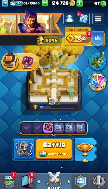 Clash Royale Account (IOS/Android) – Level 52 | Kings Tower 14 | 9046 Trophy | 119 Cards | 61 Emotes | 97 Gems | 124 k Gold