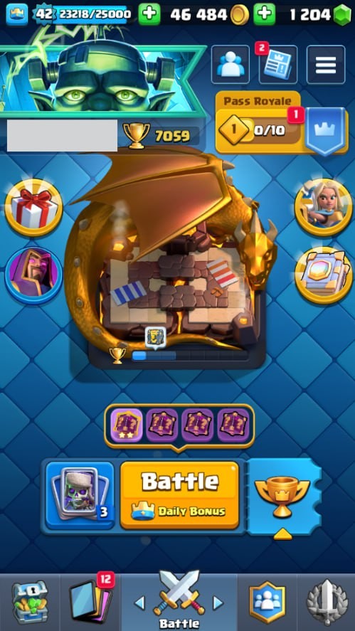 Clash Royale Account (IOS/Android) – Level 42 | Kings Tower 14 | 7059 Trophy | 116 Cards | 36 Emotes | 1204 Gems | 46 k Gold